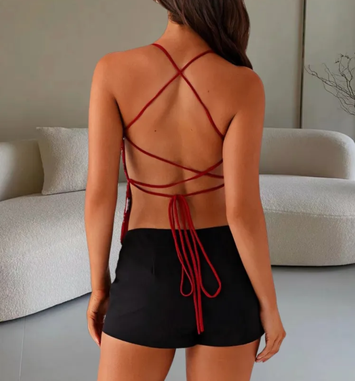 Flower Beaded Backless Cami Top 