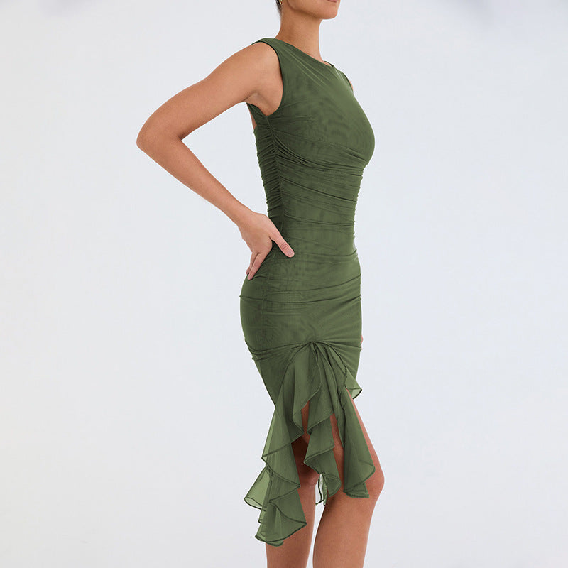 Slim Asymmetrical Ruffle Sleeveless Dress
