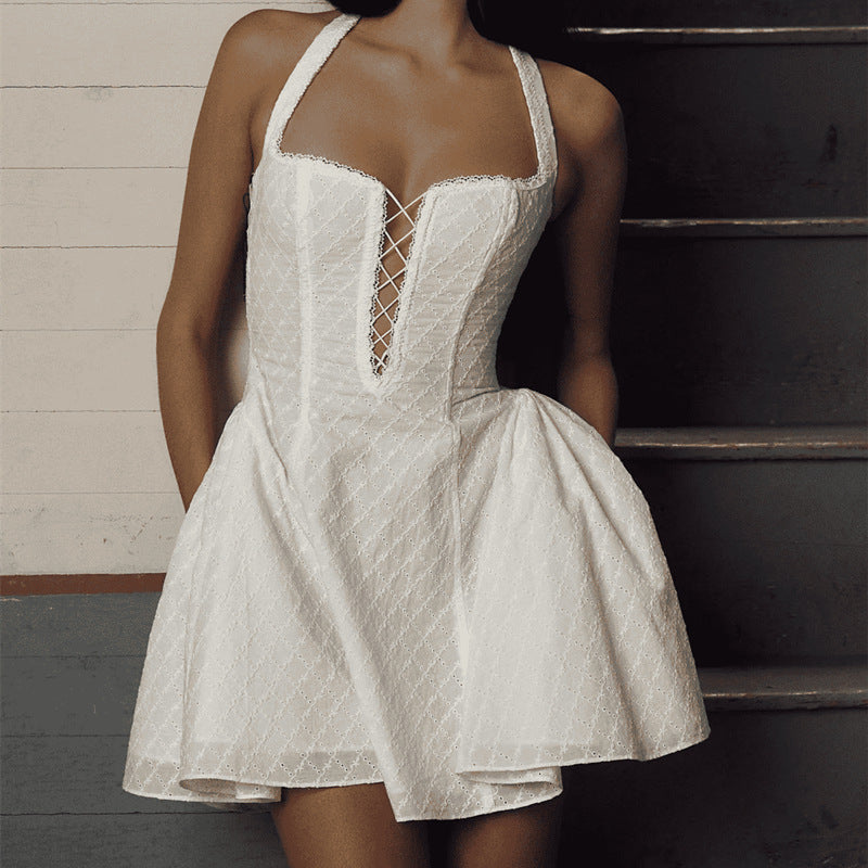 White Hollow Embroidery Waist-Tight Dress
