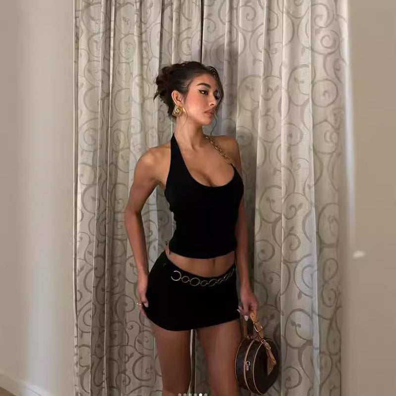 2 Piece Chain Halter Top with Mini Skirt