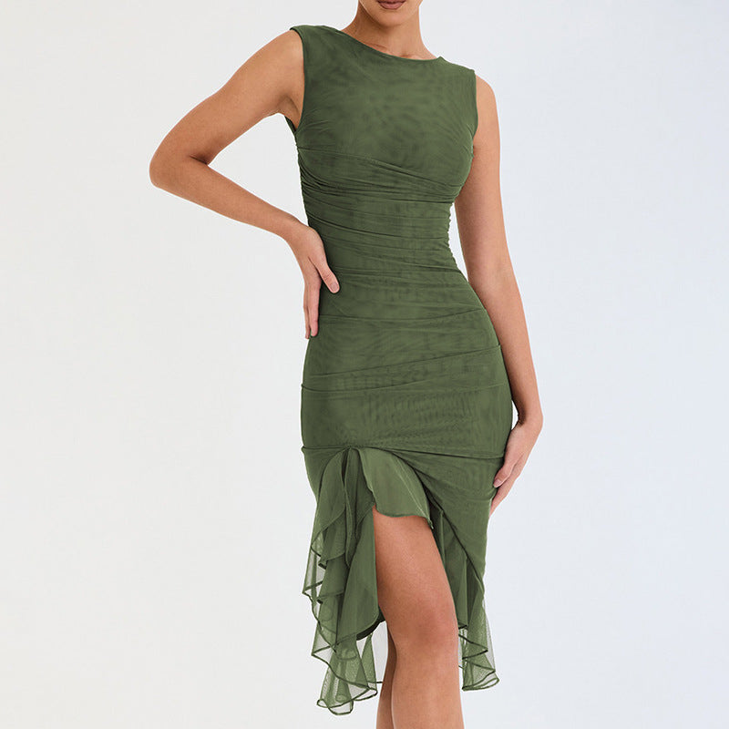 Slim Asymmetrical Ruffle Sleeveless Dress