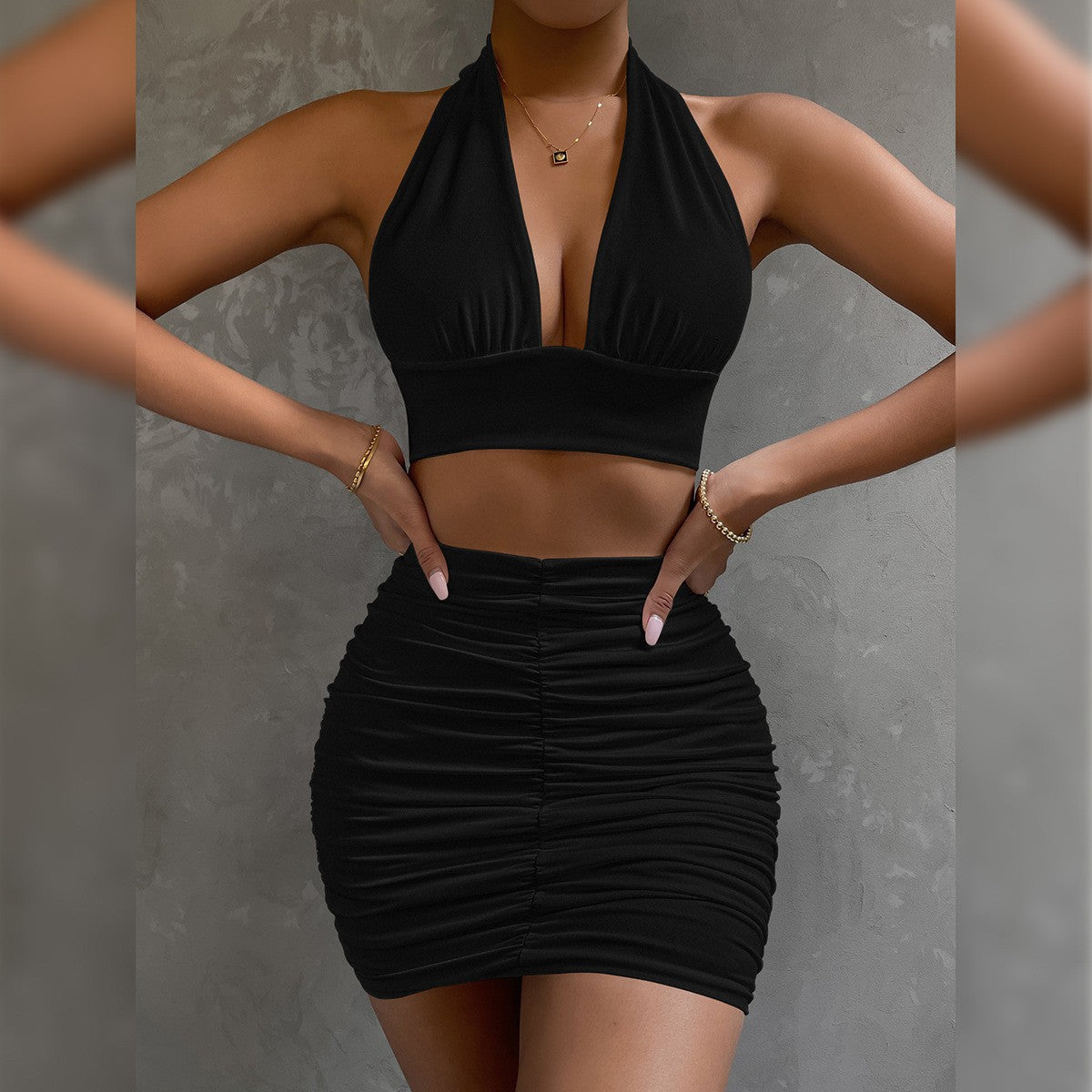 2 Piece Halter Lace-Up Top and Pleated Bodycon Mini Skirt