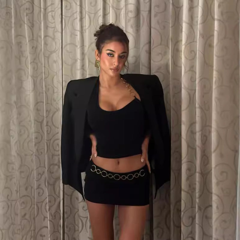 2 Piece Chain Halter Top with Mini Skirt