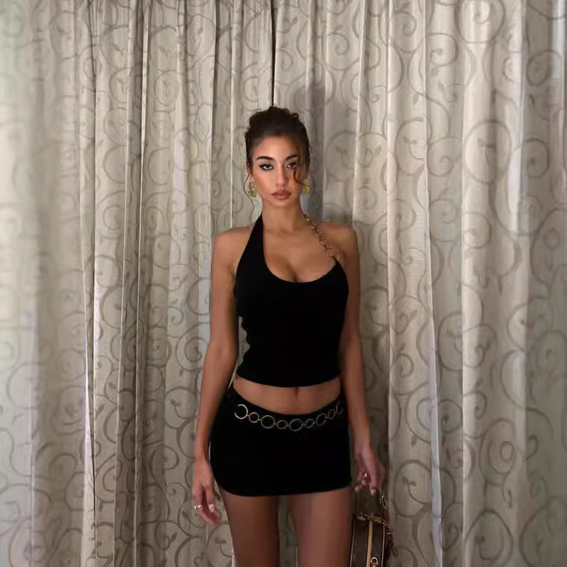 2 Piece Chain Halter Top with Mini Skirt
