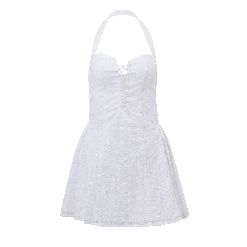 White Hollow Embroidery Waist-Tight Dress