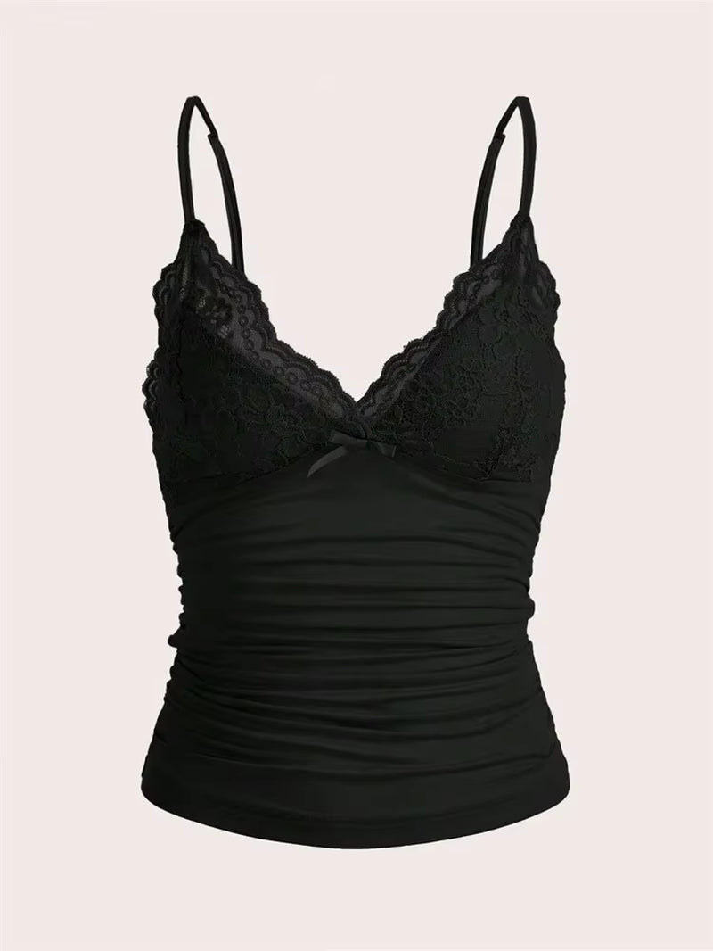 Contrast Lace Front Bow Cami Top
